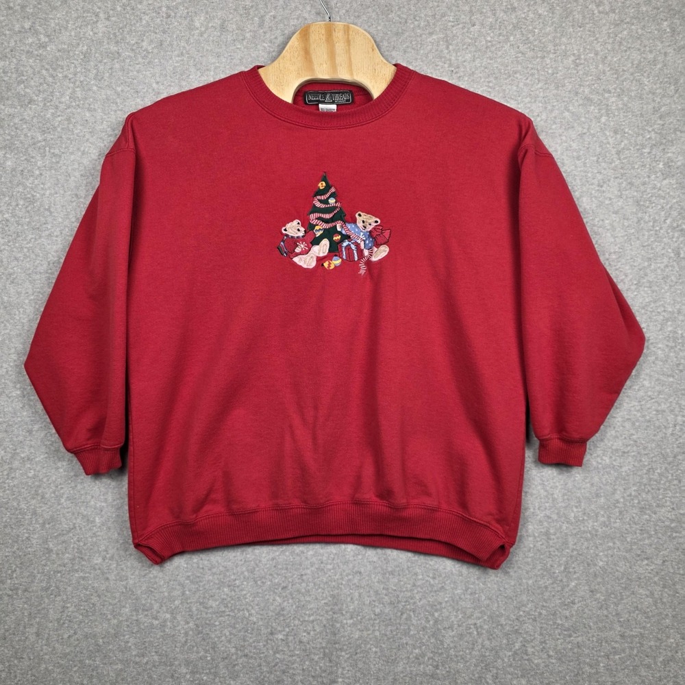 Needle & Threads Sweatshirt Womens 3X Red Christmas Teddy Tree USA‎ Embroidered
